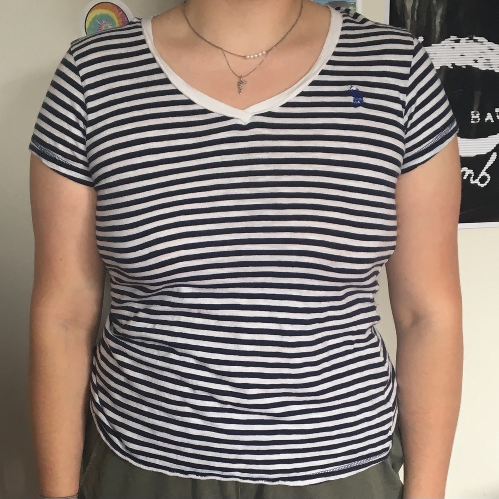 Navy and white striped polo v neck